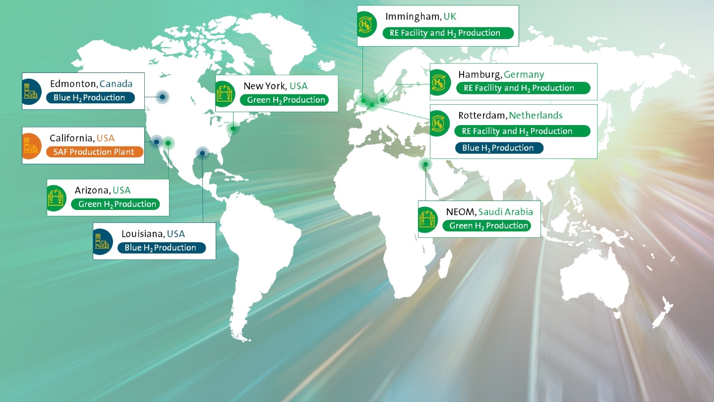 Map of Air Products projects supporting the energy transition: Edmonton, Canada-blue hydrogen production | California-sustainable aviation fuel production plant | Arizona-green hydrogen production | Louisiana-blue hydrogen production | New York-green hydrogen production | Immingham, UK-RE facility and hydrogen production | Hamburg, Germany-RE facility and hydrogen production | Rotterdam, Netherlands-RE facility and hydrogen production and blue hydrogen production | NEOM, Saudi Arabia-green hydrogen production